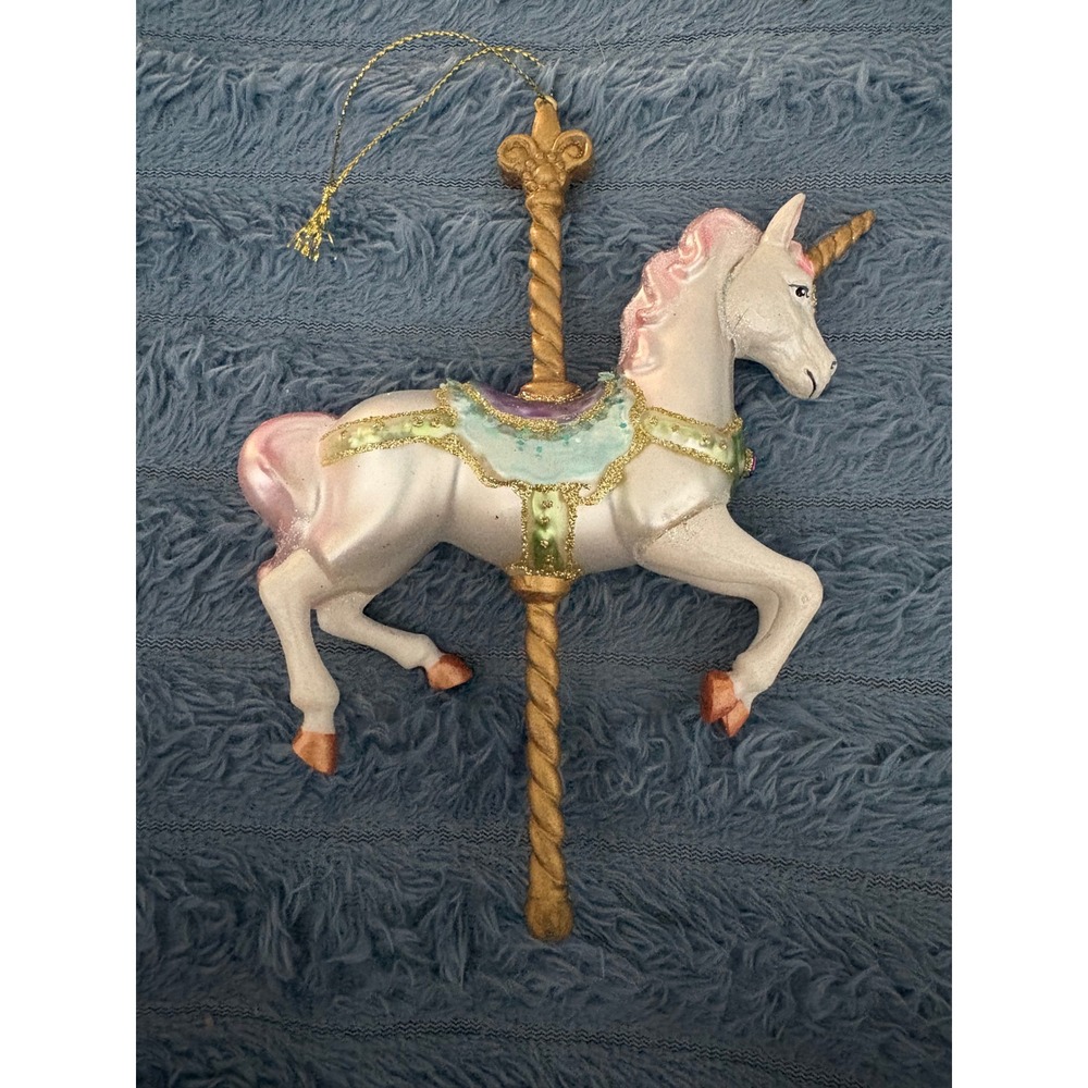 M23 glass blown Carousel Unicorn Christmas Ornament Pink Mane Gold Pole